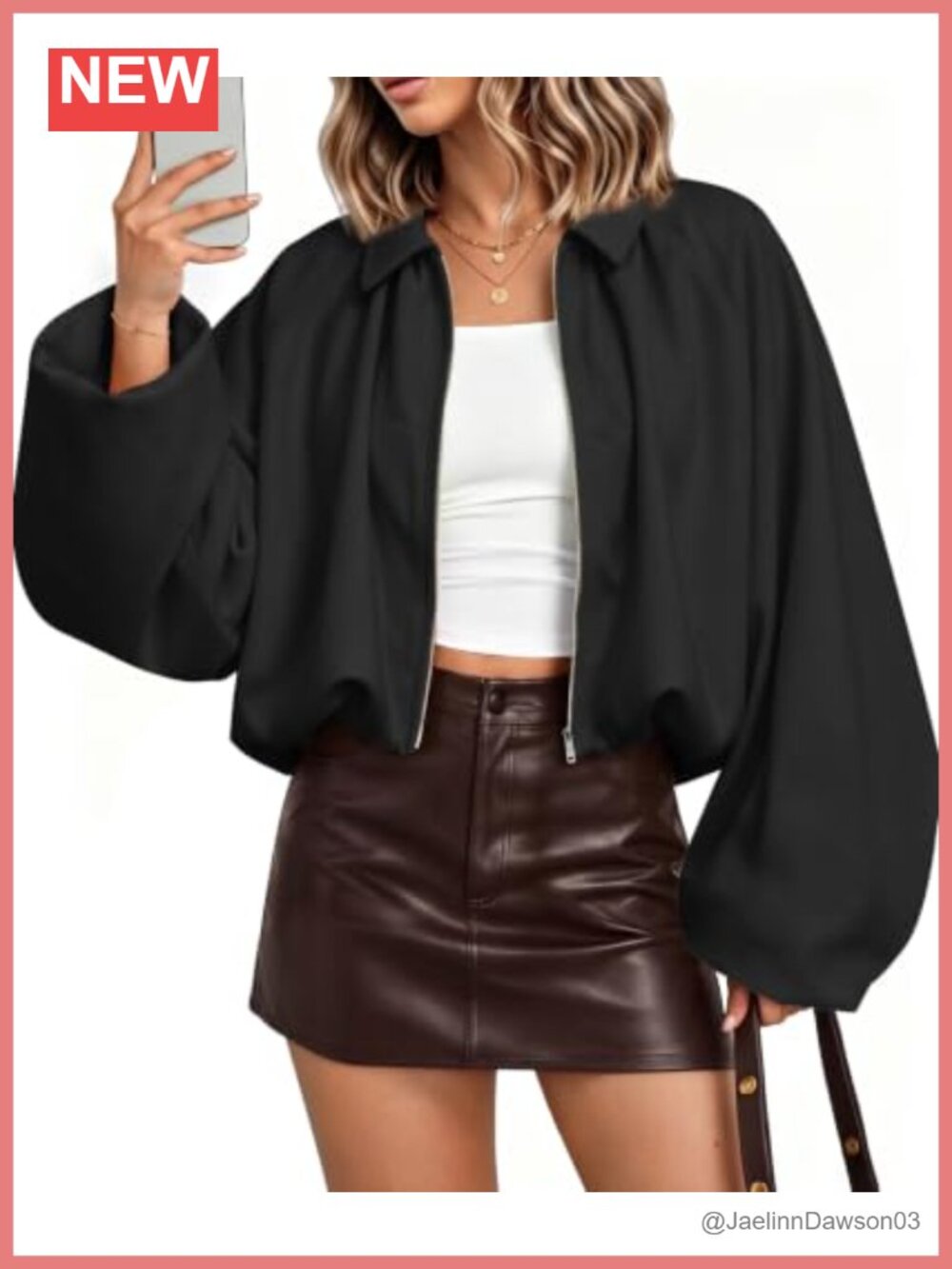 Oversized Cropped Bomber Jacket Puff Sleeve Zip Up Casual Coat